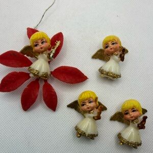 Vintage angels celluloid instruments Christmas white gold flower lot of 4